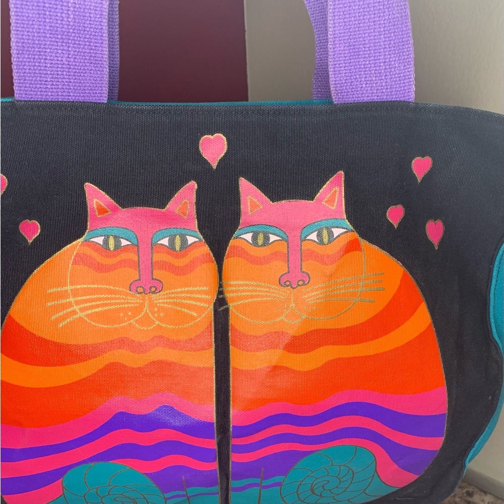 Laurel Burch Vintage Canvas Tote Love Hearts Feline Multicolor Large Zipper
